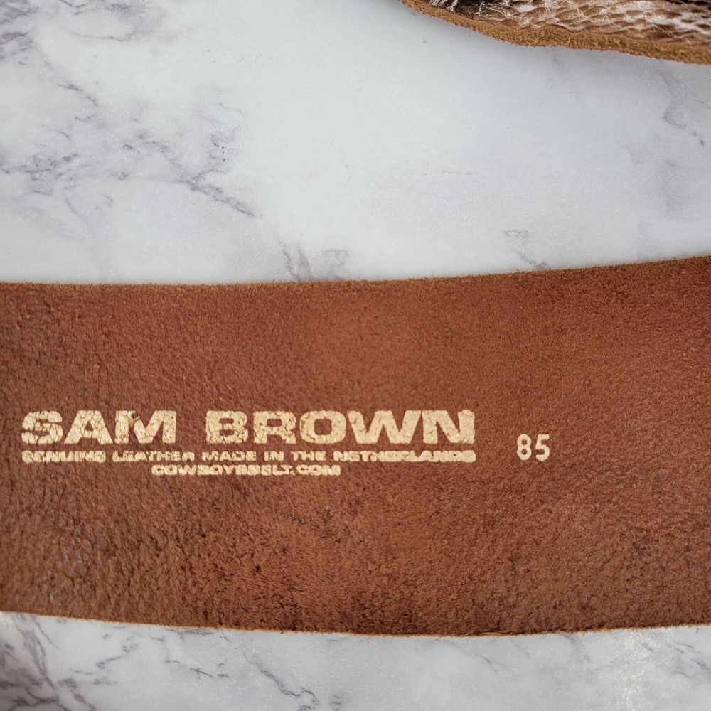 Sam Brown Wide Asymmetrical Tan Leather Belt Oversized Silver Buckle Boho - Picture 9 of 14
